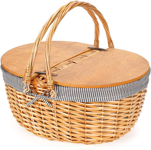 Damen Picknickkorb mit Holzdeckel und gestreiftem Futter Karnz