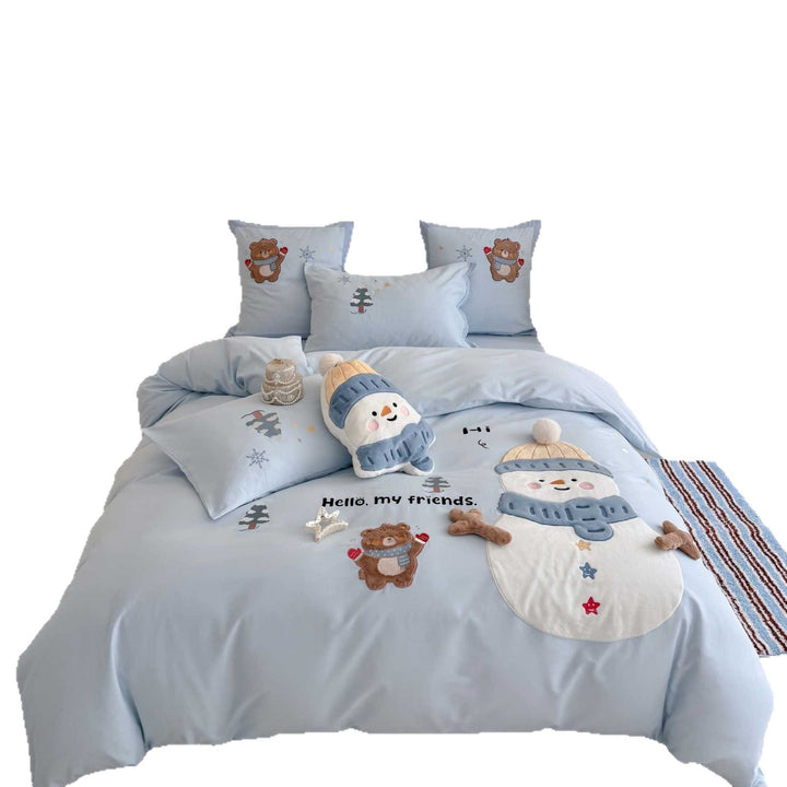 Bestickte Satin-Feel Kitty Applikation Bettbezugset mit geflanschten Kissenbezügen