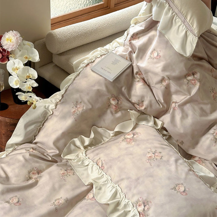 Vintage Rüsch Blumen Bettdecken-Set mit Kissenbezügen
