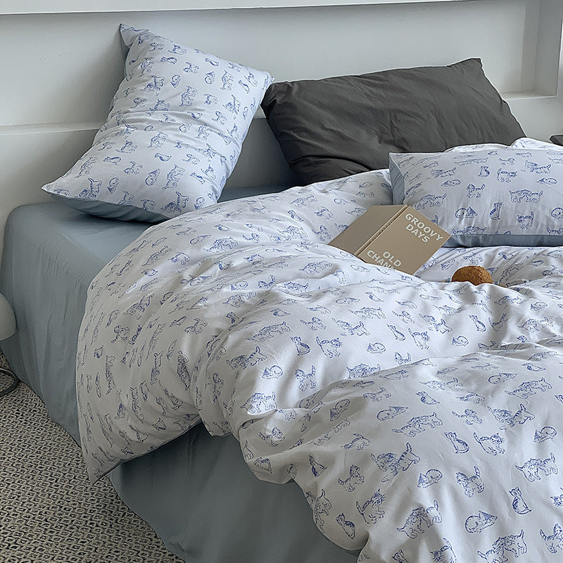 Feines Baumwoll-Perkal Bettbezug-Set mit skizzenhaftem Katzenprint und Hotelverschluss
