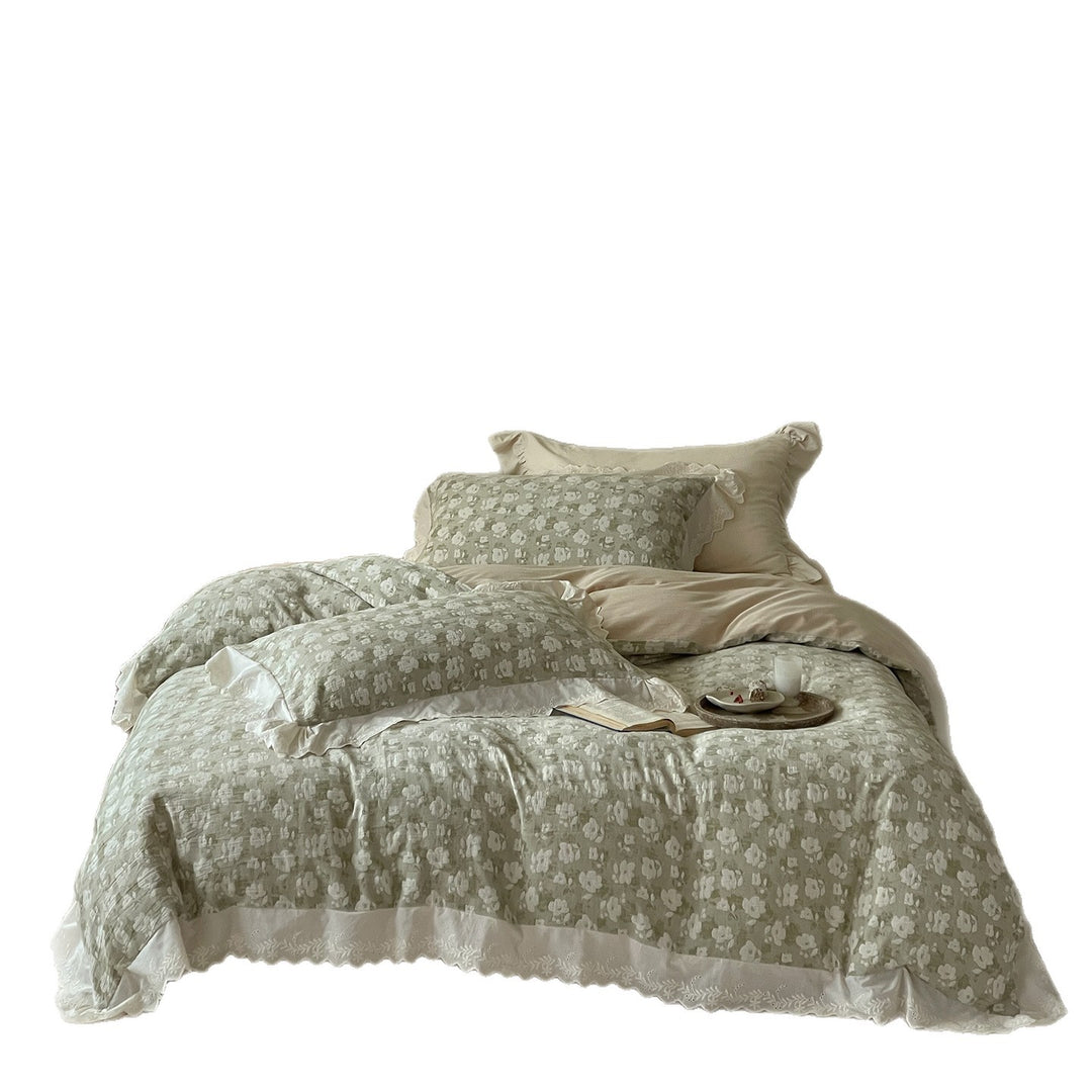 Botanisches Baumwoll-Leinen Bettbezug-Set mit ruffled gewelltem Saum