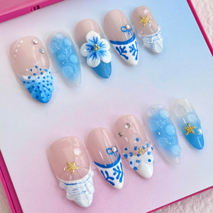 Künstlerisches Floral- und Stern-Applikationen Press-On Nagelset Karnz