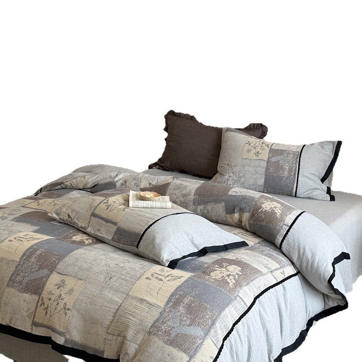 Umkehrbare Patchwork Leinen Baumwolle Bettbezug Set mit floralem Blockdruck und gepflanztem Rand