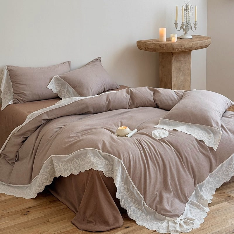 Rüsch Lace-Trim Baumwolle Duvet Cover Bettwäsche Set mit gewelltem gesticktem Saum