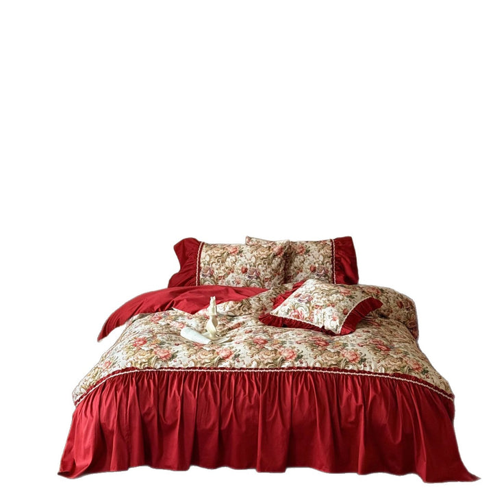 Romantisches Bettwäsche-Set aus Baumwollsatin mit Volant und Blumenjacquard
