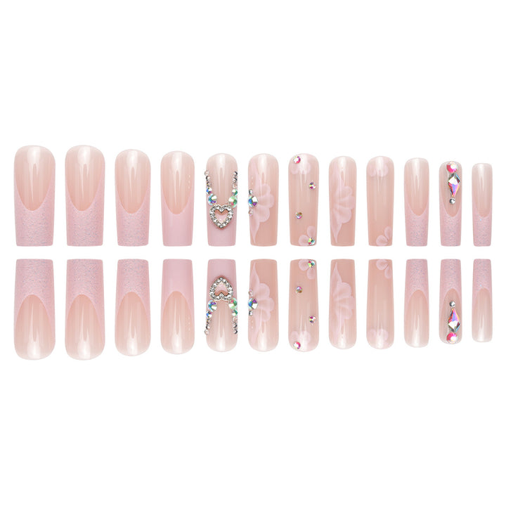 Dekorativer Langer Press-On Nail Set mit Blumen- und Edelstein-Details Karnz