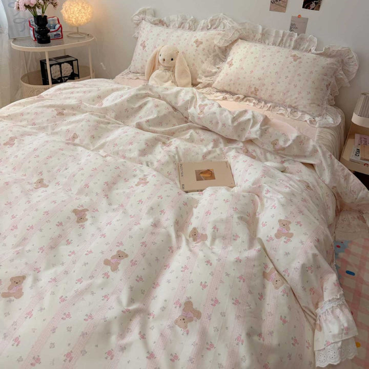 Rüschendes Teddy-Muster Baumwollsatin Bettdeckenbezug-Set mit wendbarem Blatt und Spitzeneinfassung Kissenbezüge