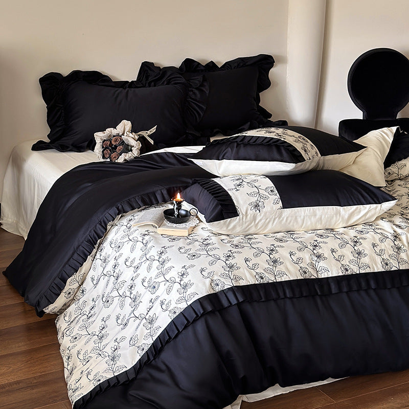 Luxuriöses Baumwoll-Satin Bettwäsche-Set mit Rüschen und zarter Blumenstickerei