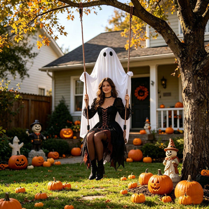 Kinder-Halloween-Kostümkleid mit Schnürmieder, Tüllrock und gestreiften Kniestrümpfen