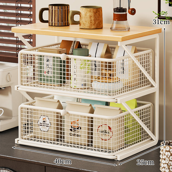 Küchenarbeitsplatte Kaffee Station Organizer mit Holzoberfläche und Metalldrahtkorb