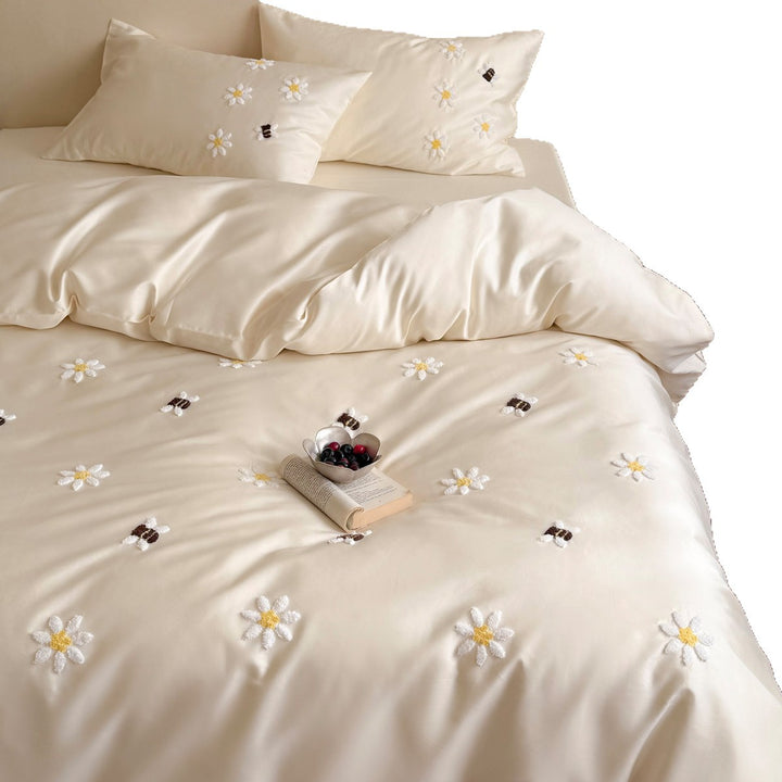 Hand-gesticktes Daisy und Bee Satin-Sateen Bettbezug Set
