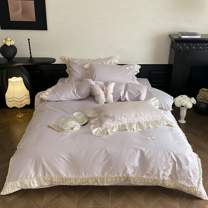Luxus Rüschene Baumwoll-Satin Bettbezug Set mit bestickten Schmetterlings-Kissenbezügen
