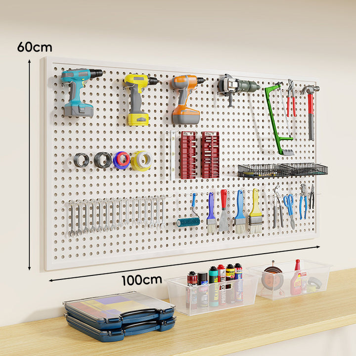 Wandmontiertes perforiertes Metall-Pegboard-Werkzeugorganisator-Panel mit modularen Haken und Aufbewahrungsbehältern