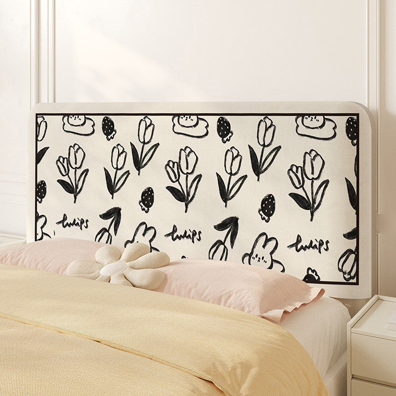 Decorative Upholstered Headboard Cover with Hand-Drawn Tulip & Bunny Print
