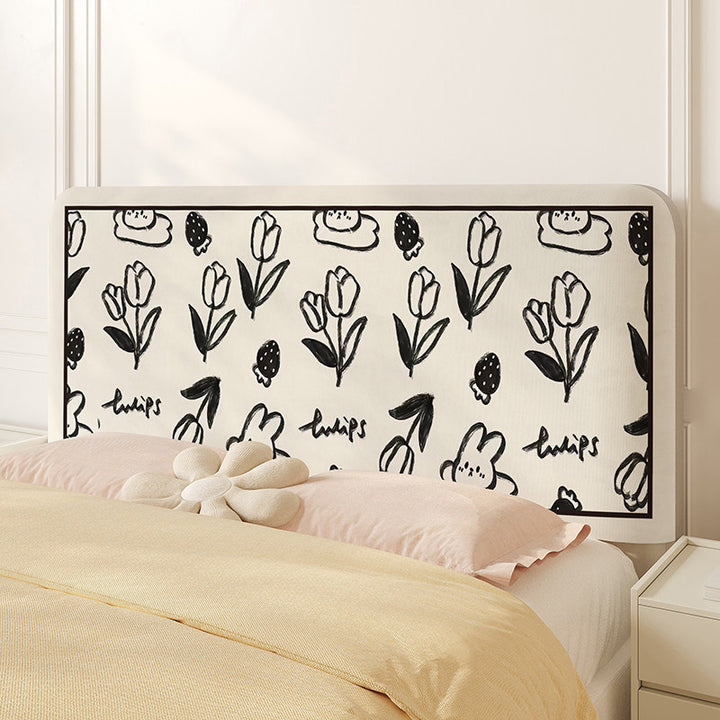 Decorative Upholstered Headboard Cover with Hand-Drawn Tulip & Bunny Print