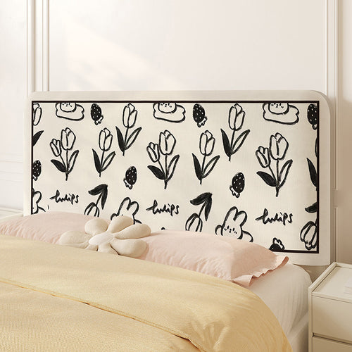 Decorative Upholstered Headboard Cover with Hand-Drawn Tulip & Bunny Print