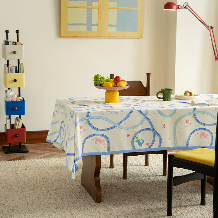 Rechteckige Baumwollmisch‑Tischdecke mit verspieltem Bahnen‑ und Tierprint