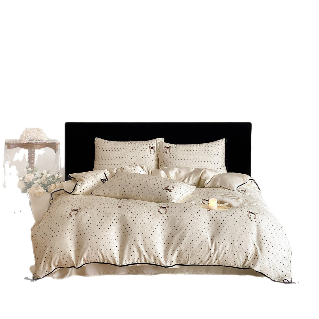 Luxuriöses Satin-Bettwäsche-Set mit zarten Pünktchen und Schleifenstickerei