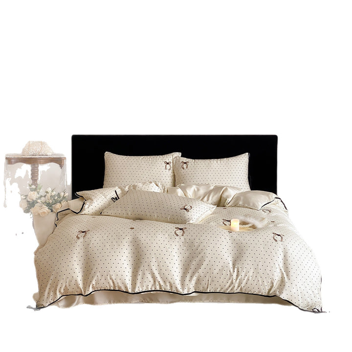 Luxuriöses Satin-Bettwäsche-Set mit zarten Pünktchen und Schleifenstickerei