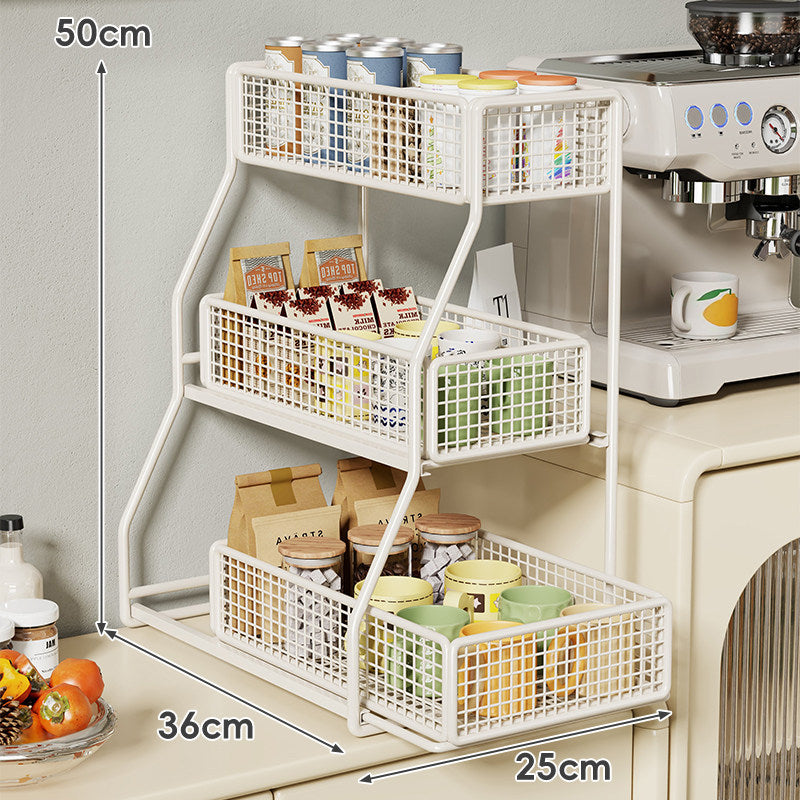 Dreiböckiger, schräger Metall-Mesh-Thekenregal-Organizer mit stapelbaren Drahtkörben