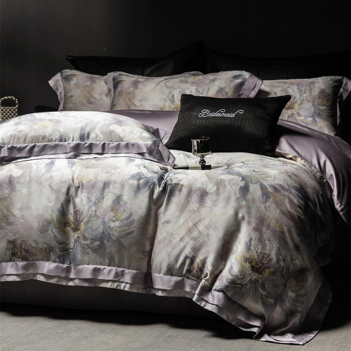 Luxuriöses Satin-Bettwäsche-Set mit floraler Aquarelloptik und Satinbordüre