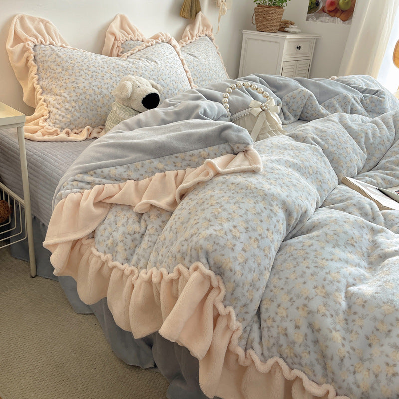 Rüsch-Plüsch Wendbare Bettwäsche Set mit Cartoon-Hase Druck und Flanell Kissenbezügen