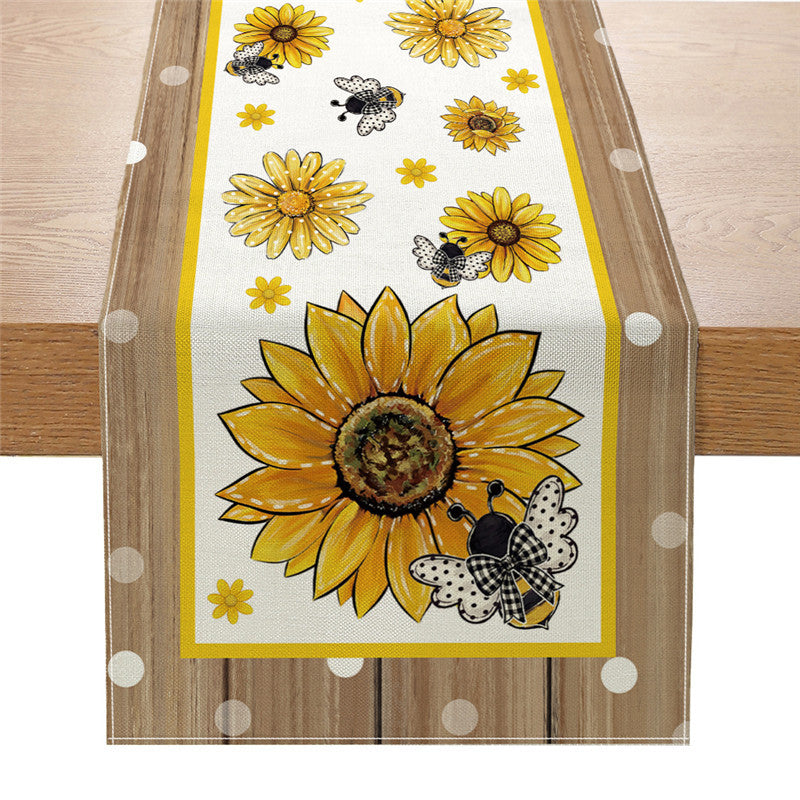 Baumwoll-Leinen Bauernhaus Tischläufer mit Sonnenblume & Bienen Aquarelldruck und gepunktetem Holzmaserung Rand
