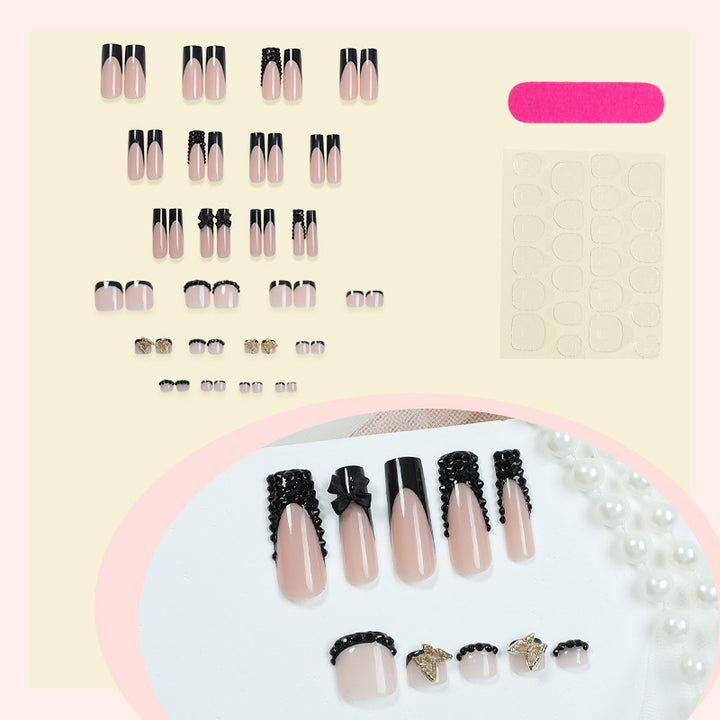 Elegantes Press-On Nagelkunstset mit dekorativen Schleifen und Kristallakzenten Karnz