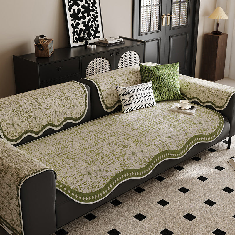 Tailored Scalloped-Edge Sofa Seat and Armrest Protector with Anti-Slip Backing