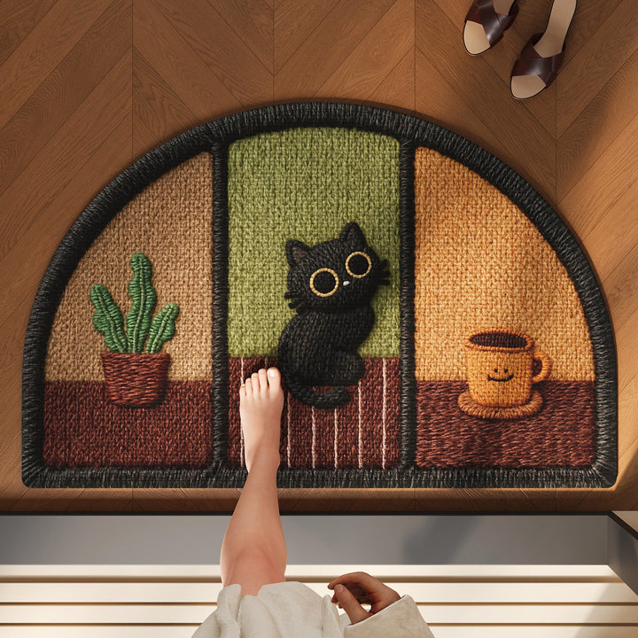 Half-Moon Embroidered Absorbent Non-Slip Entrance Doormat with Playful Cat & Coffee Motif