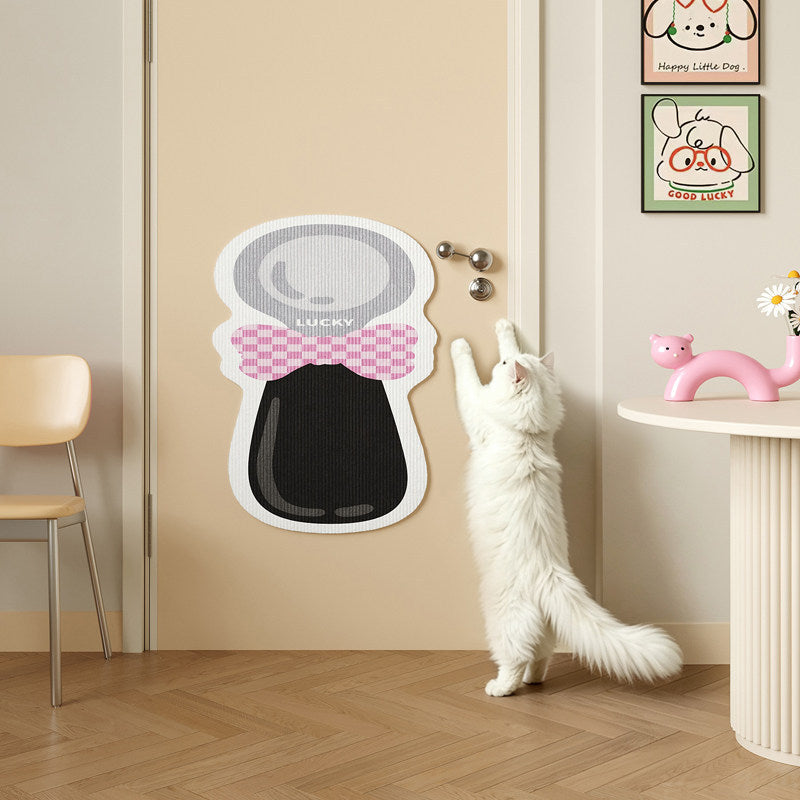 Door-Mounted Adhesive Cat Scratching Protector Pad with Textured Surface and Decorative Bow Shape