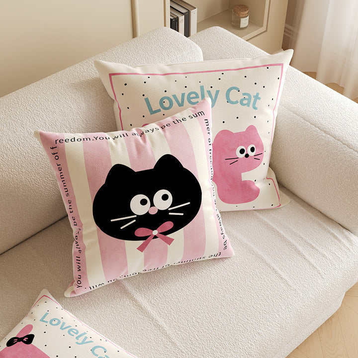 Square Decorative Throw Pillow Cover with Cute Cartoon Cat Illustration and Vertical Pink Stripe Linen-Blend