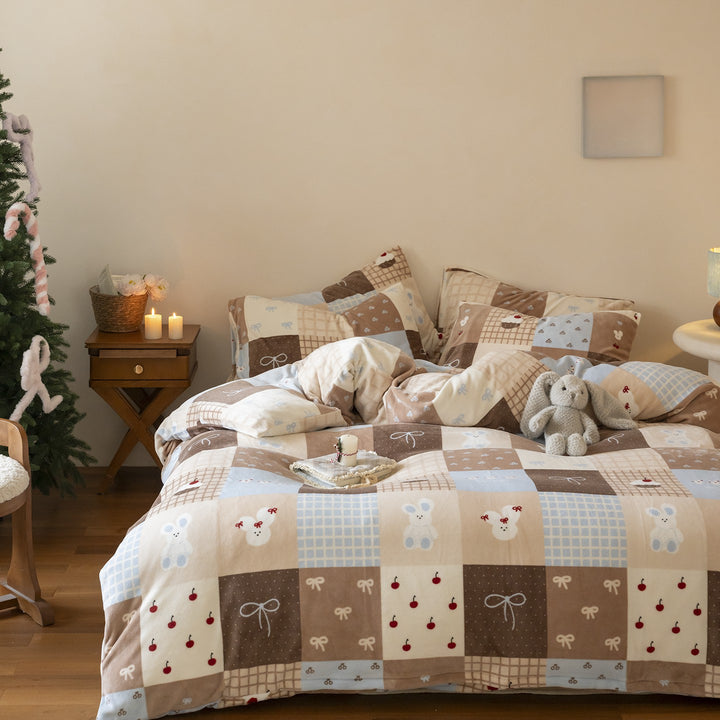 Kinder-Bettwäsche-Set aus kuscheligem Flanell mit kariertem Tiergesichter-Print und Reißverschluss