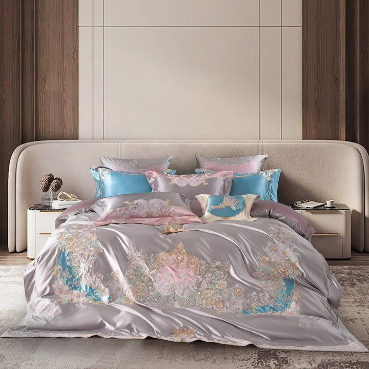 Besticktes Luxus Satin-Feel Bettbezug Set mit verstecktem Reißverschluss & Oxford Kissenbezügen