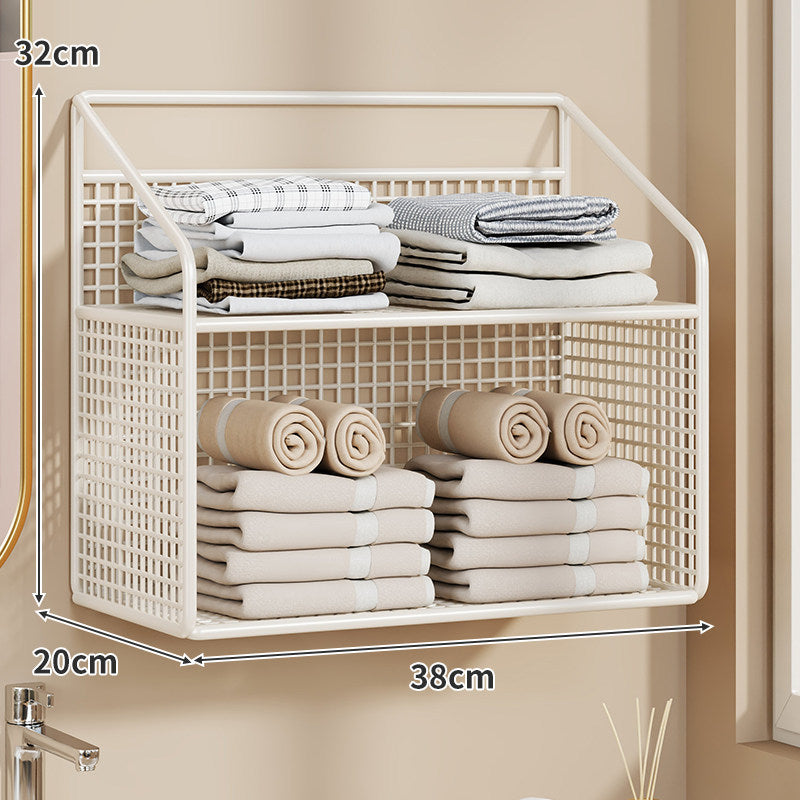 Wandmontierter Gitter-Mesh-Badezimmer-Organizer mit mehreren Regalen und integrierten Haken