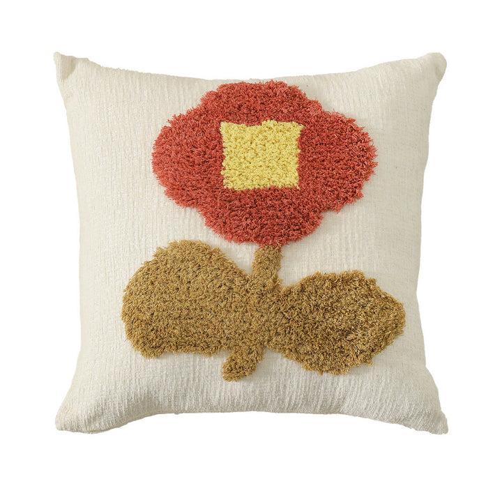 Handgetufteter quadratischer Dekokissenbezug mit floraler Chenille‑Applikation