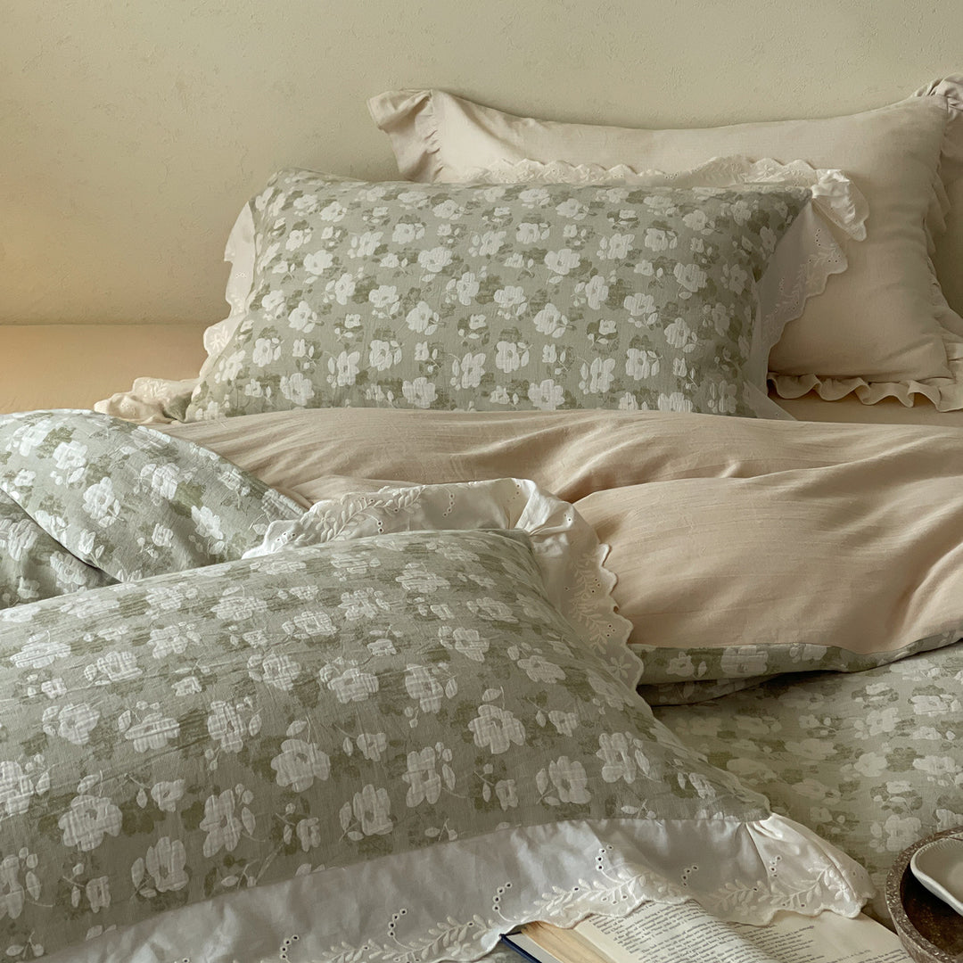Botanisches Baumwoll-Leinen Bettbezug-Set mit ruffled gewelltem Saum