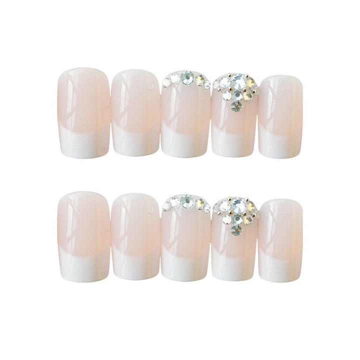 Elegante French Tip Press-On Nagelset mit Rhinstein-Akzenten