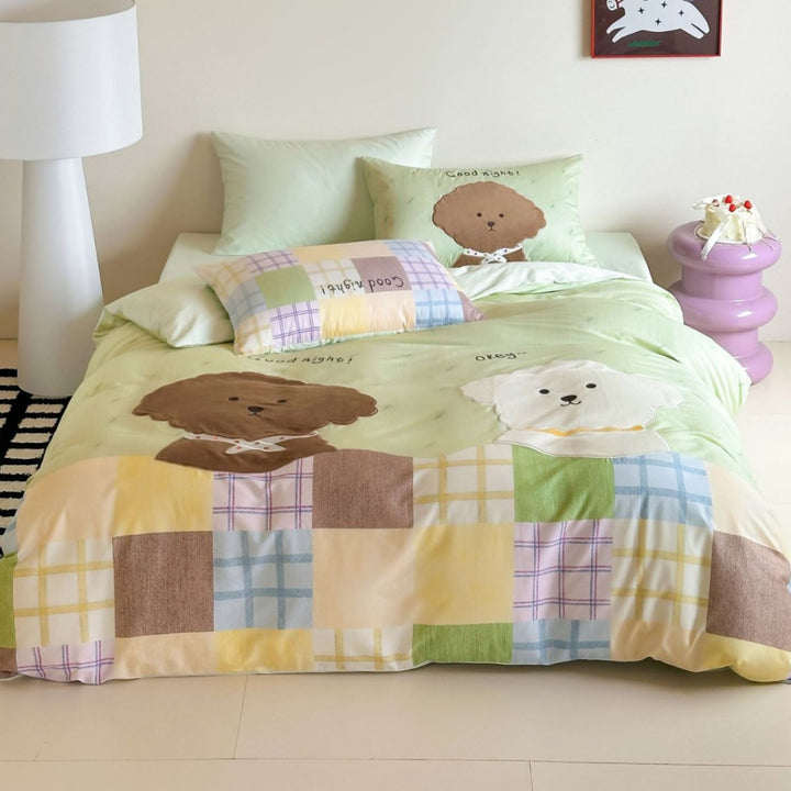 Kinder Cartoon Welpen Patchwork Bettwäsche Set mit Applikations-Kissenbezug