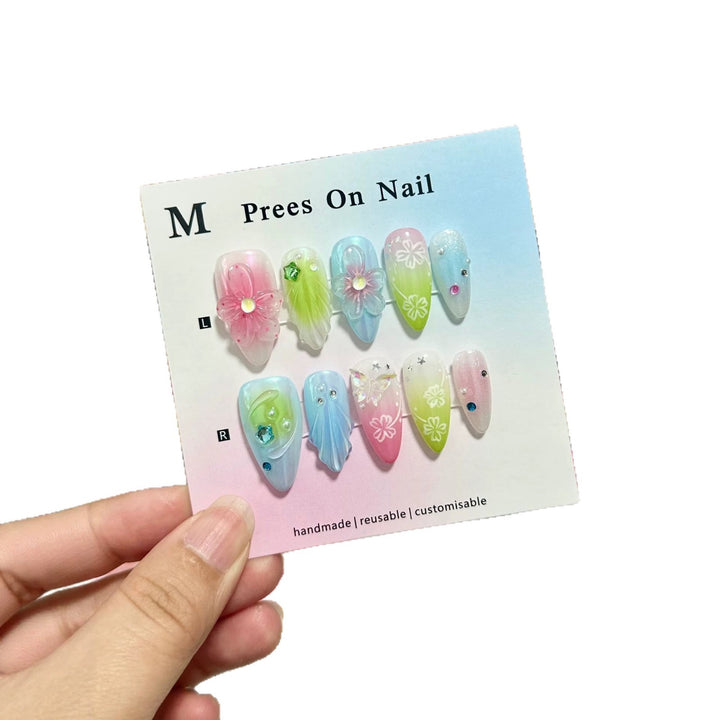 Handgefertigtes Blumendruck-Press-On-Nagelset