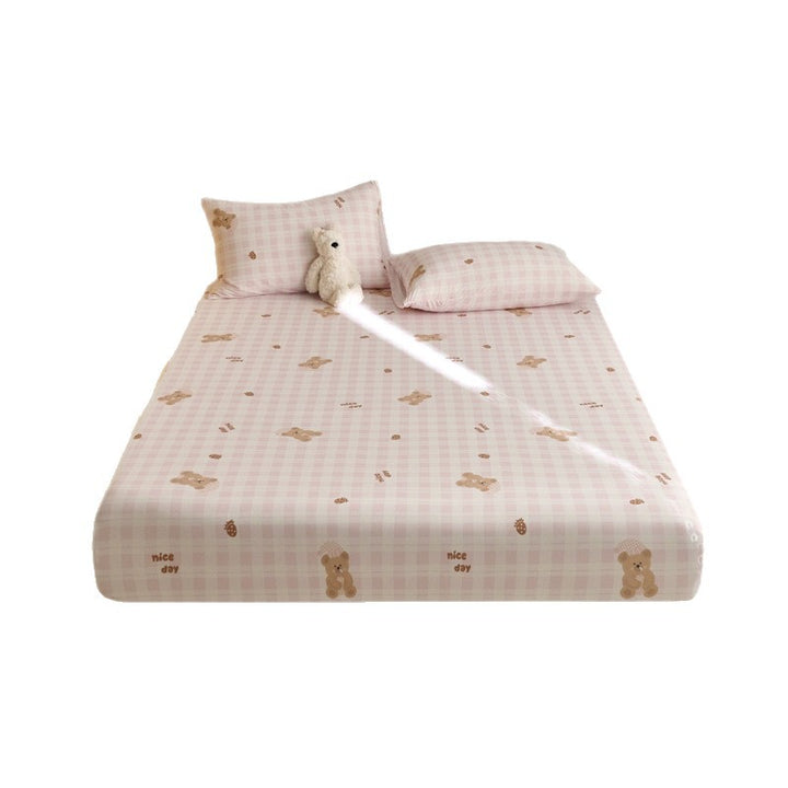 Spannbettlaken- und Kissenbezug-Set für Kinder aus weichem Baumwoll-Jersey mit Karomuster und Teddy-Print