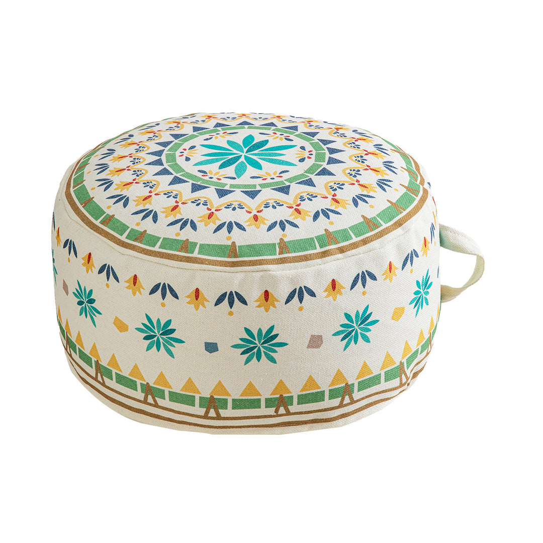 Rundes Sitzpouf mit gewebtem Baumwollbezug und ethnischem Mandala-Print Karnz
