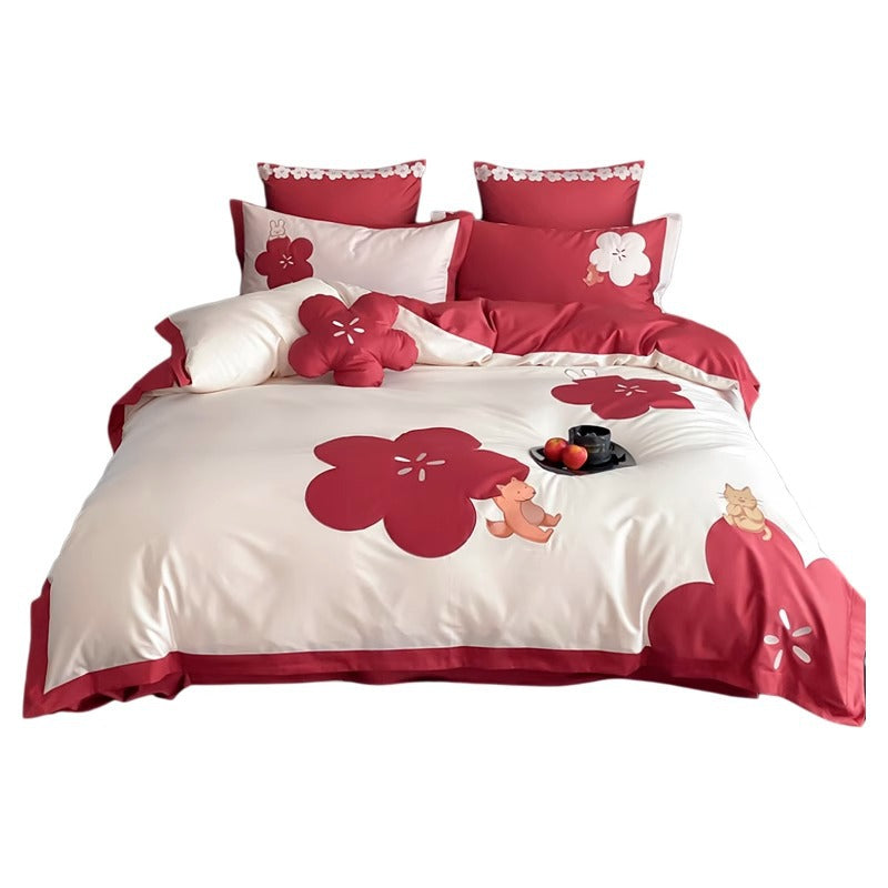 Floral Applikation Baumwollsatin Bettbezug Set mit dekorativen Kissenbezügen