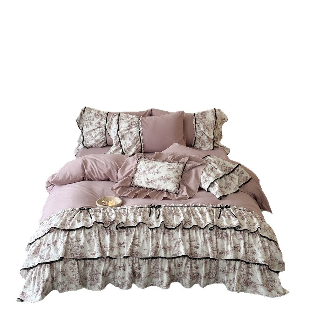 Romantische Rüschige Bettwäsche-Garnitur mit Vintage-Toile-Motiv, Volants und Bettrock