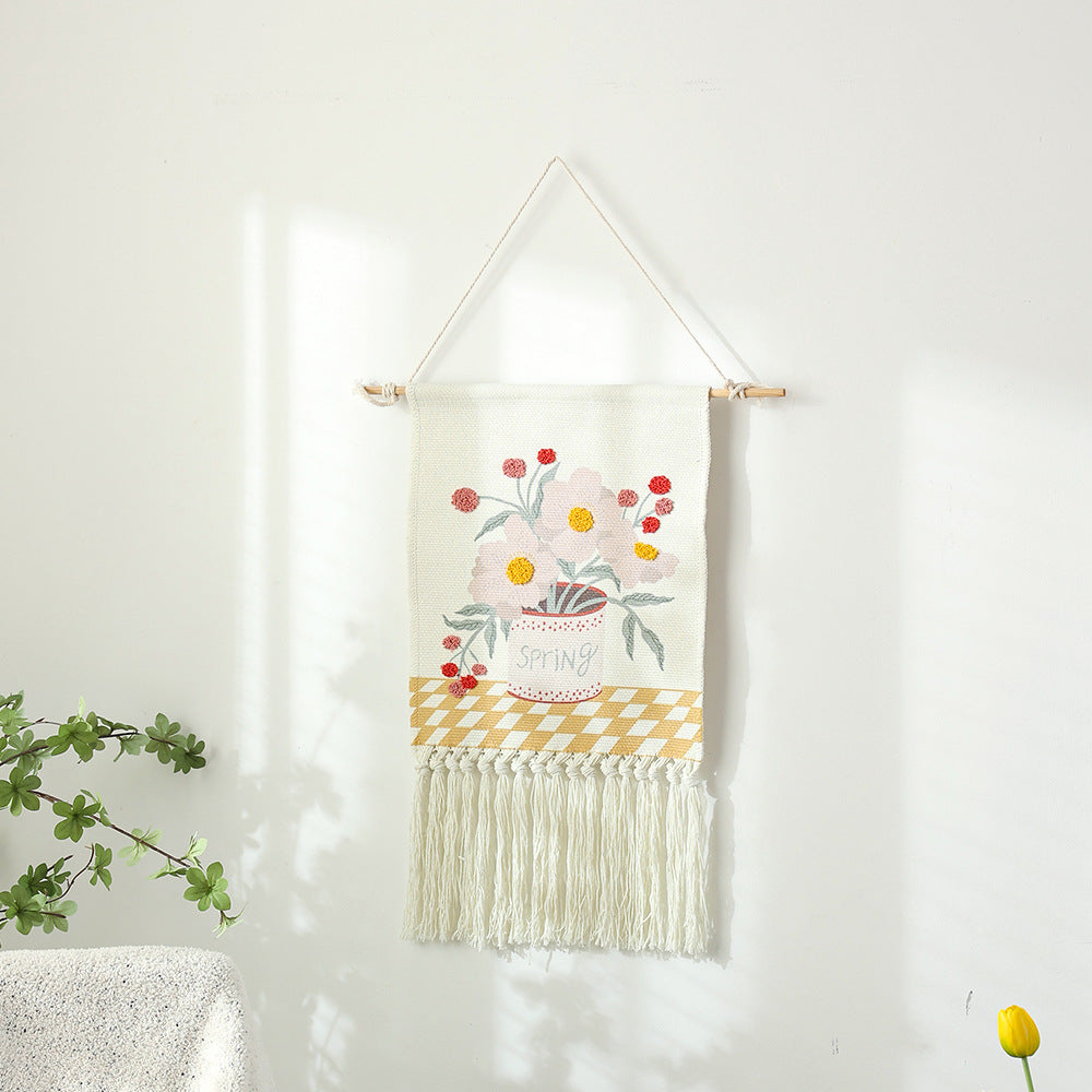 Wandbehang aus gewebter Baumwolle mit Punch-Needle Blumenrelief und Fransen Karnz