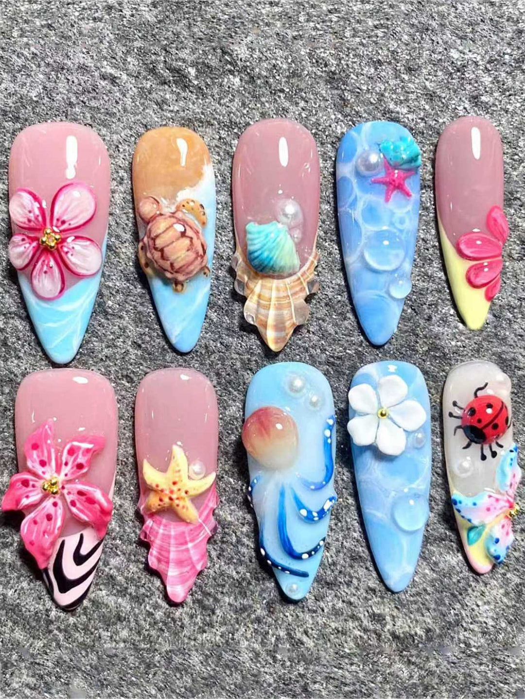 Künstlerisch vom Meer inspiriertes Press-On-Nagelset Karnz