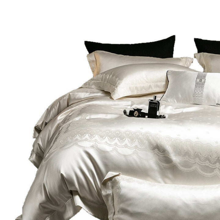 Luxus Satin Bettbezug Set mit Spitzen-Stickerei Rand und Kissenbezügen