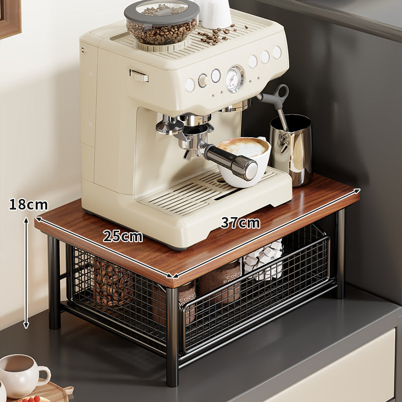 Kompakte Zwei-Ebenen-Countertop-Kaffee-Station-Organizer mit Holzoberfläche und herausziehbaren Drahtgitterkörben