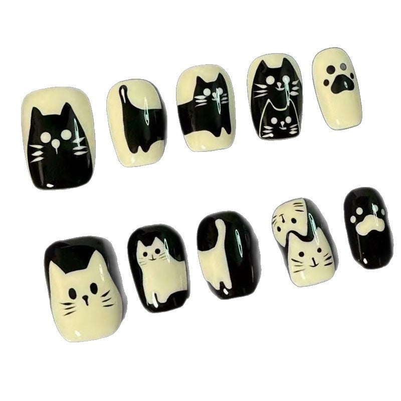 Verspielt katzenmotivierte Press-On Nagelkunst Karnz