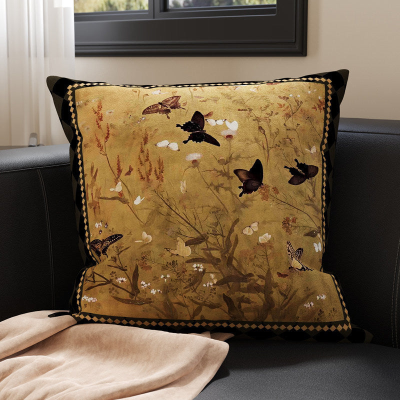 Botanical Sketch Velvet Square Throw Pillow Cover with Zebra-Trim Hidden Zipper